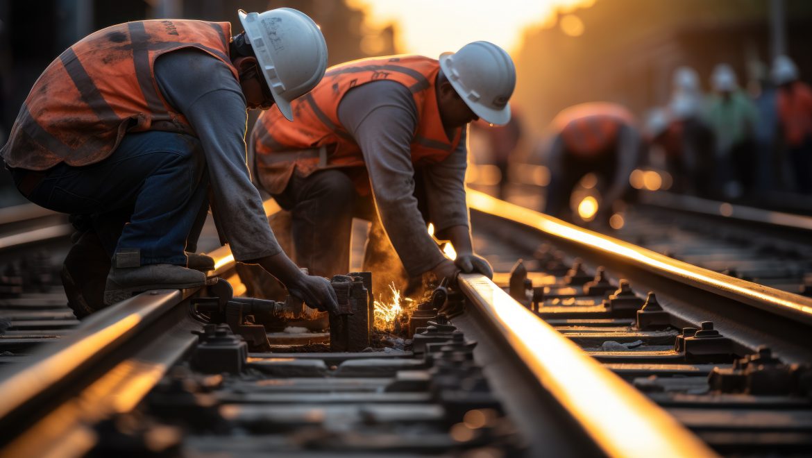 how are railroad ties replaced? Railroad contractors working on railroad tracks concept image.