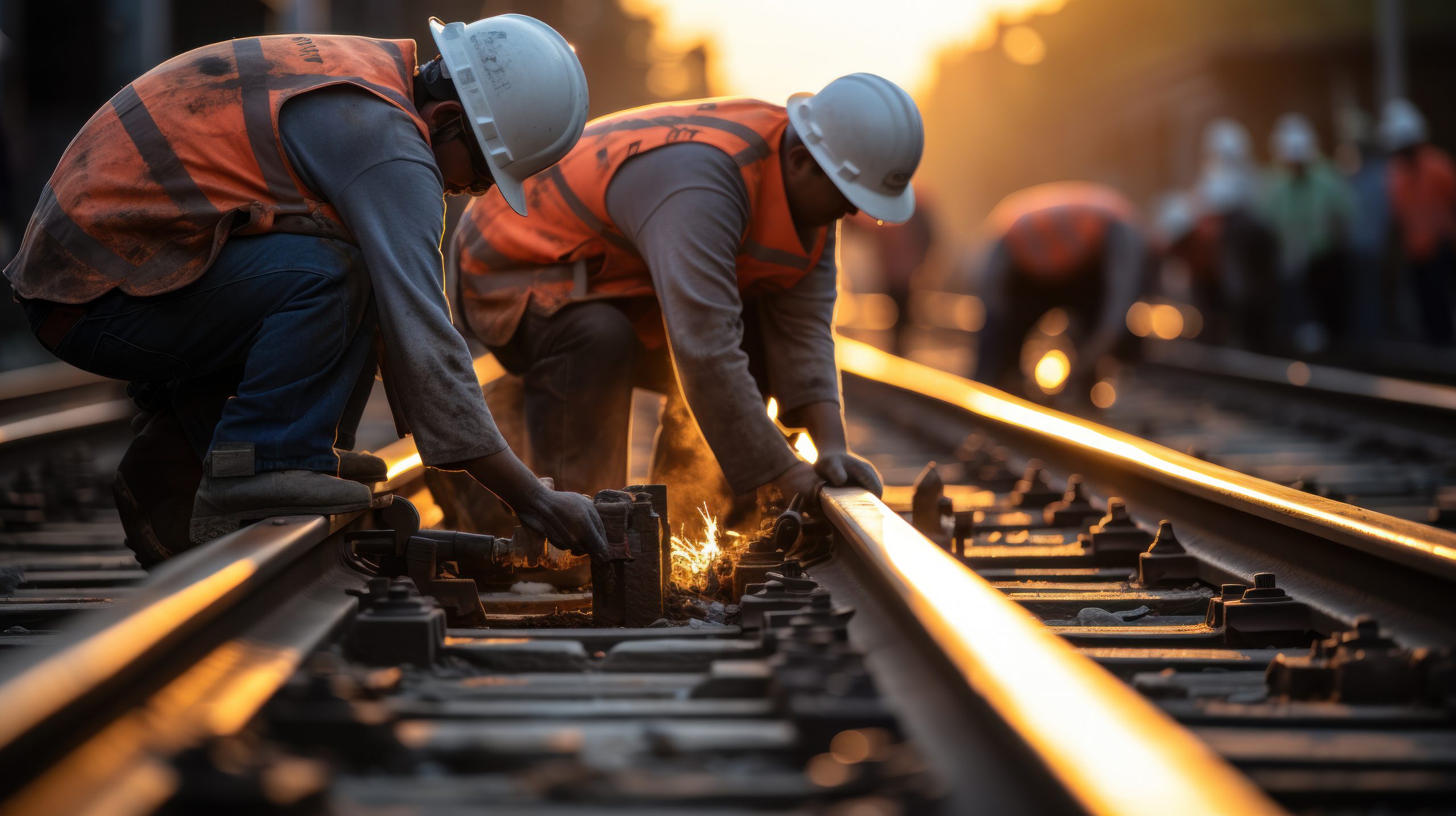 how are railroad ties replaced? Railroad contractors working on railroad tracks concept image.